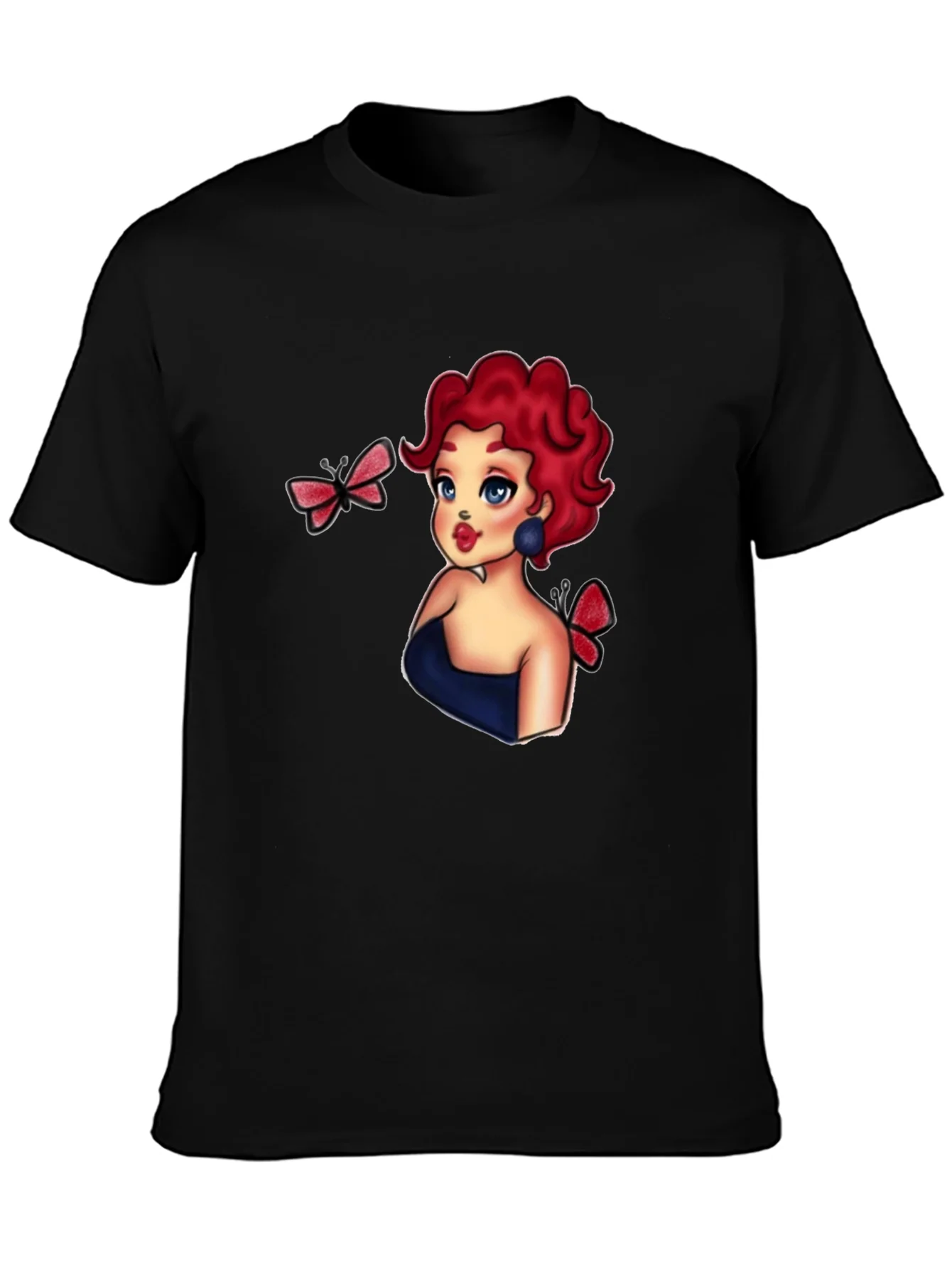 Rebbecca Cartoon Girl & Butterflies Black T-Shirt