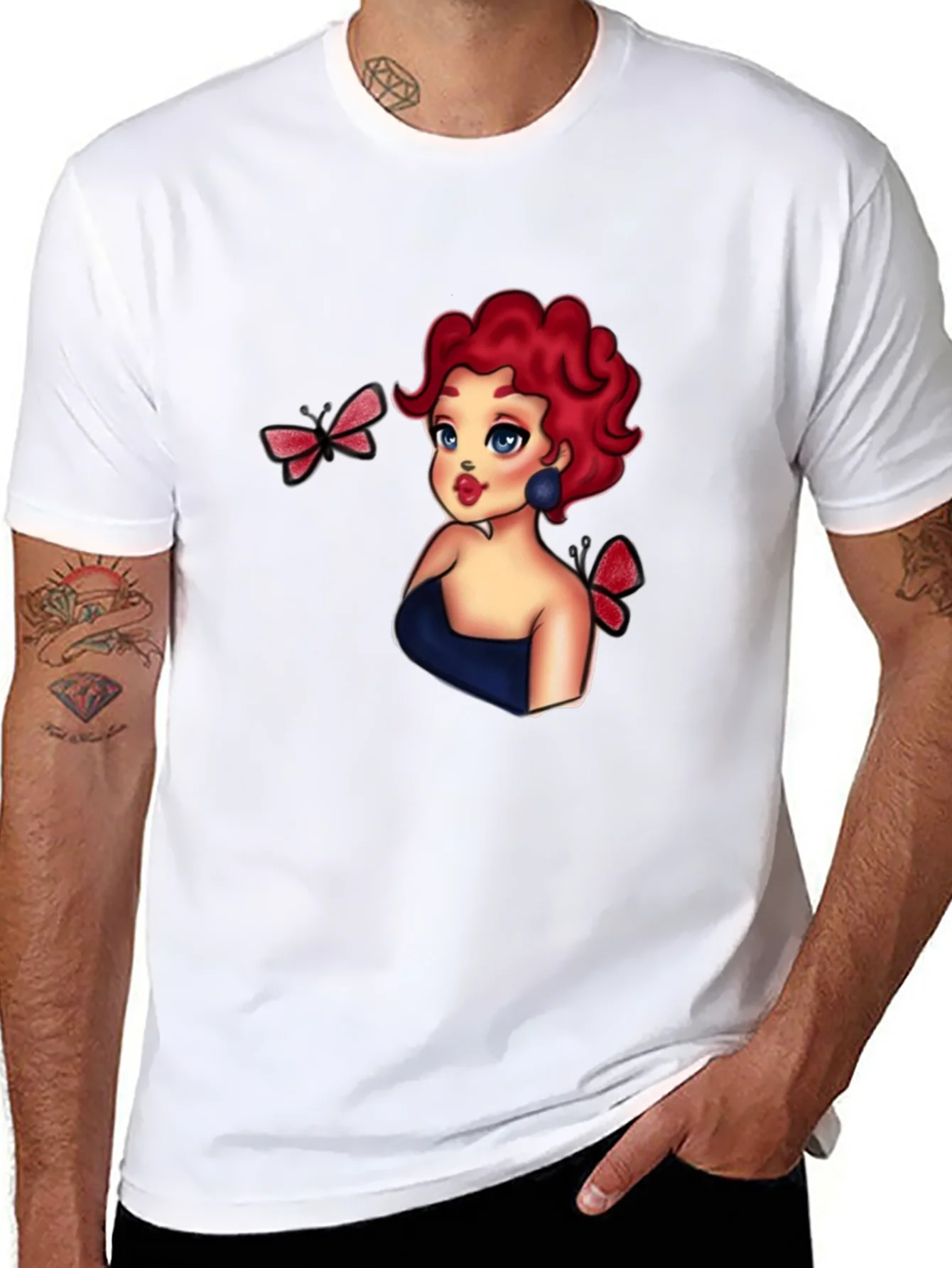 Rebbecca Cartoon Girl & Butterflies Black T-Shirt