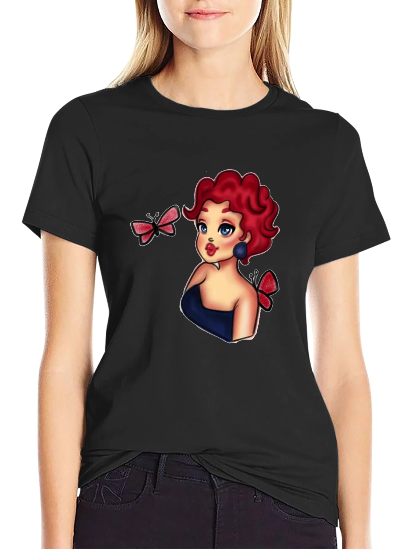 Rebbecca Cartoon Girl & Butterflies Black T-Shirt