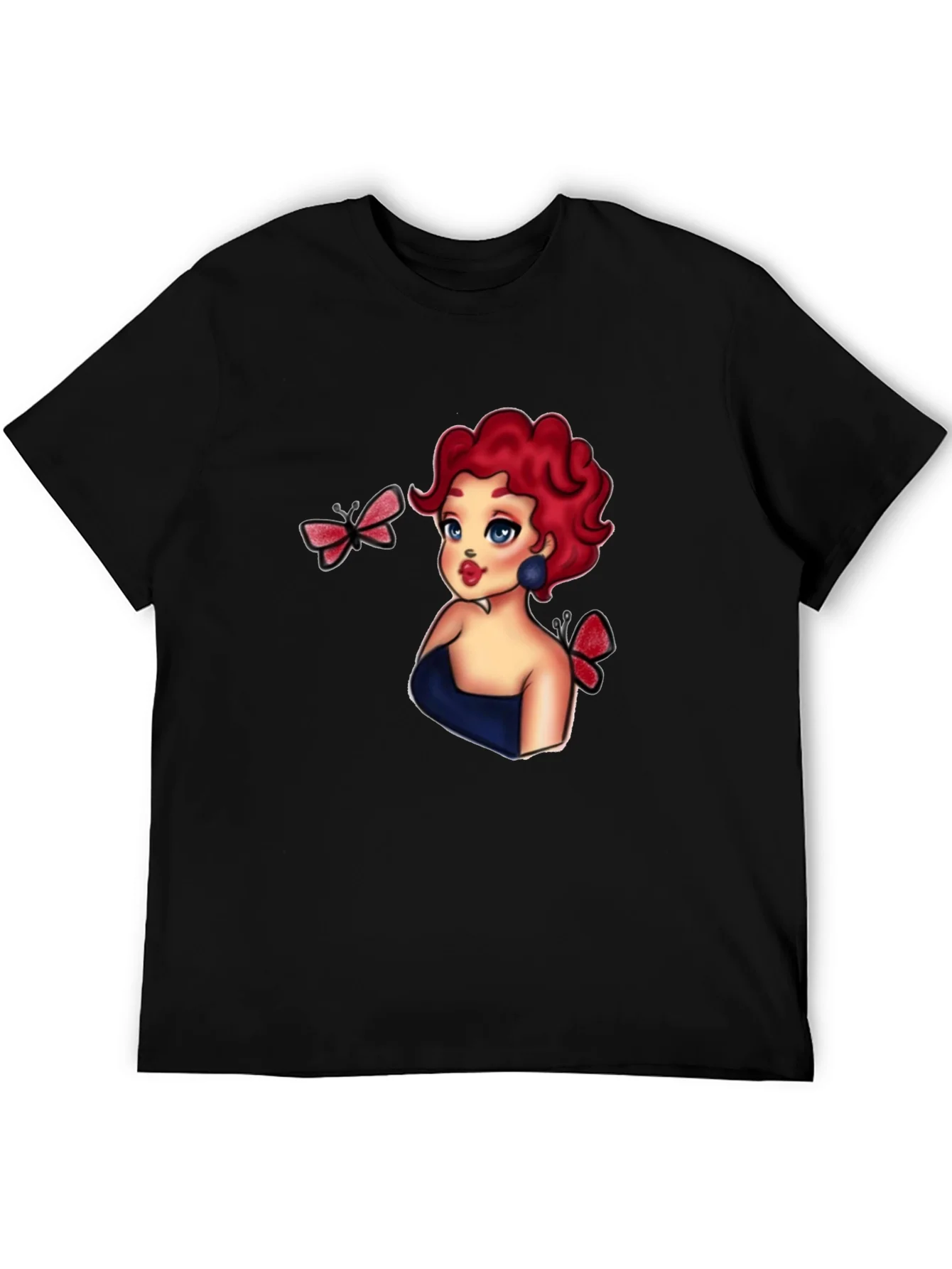 Rebbecca Cartoon Girl & Butterflies Black T-Shirt