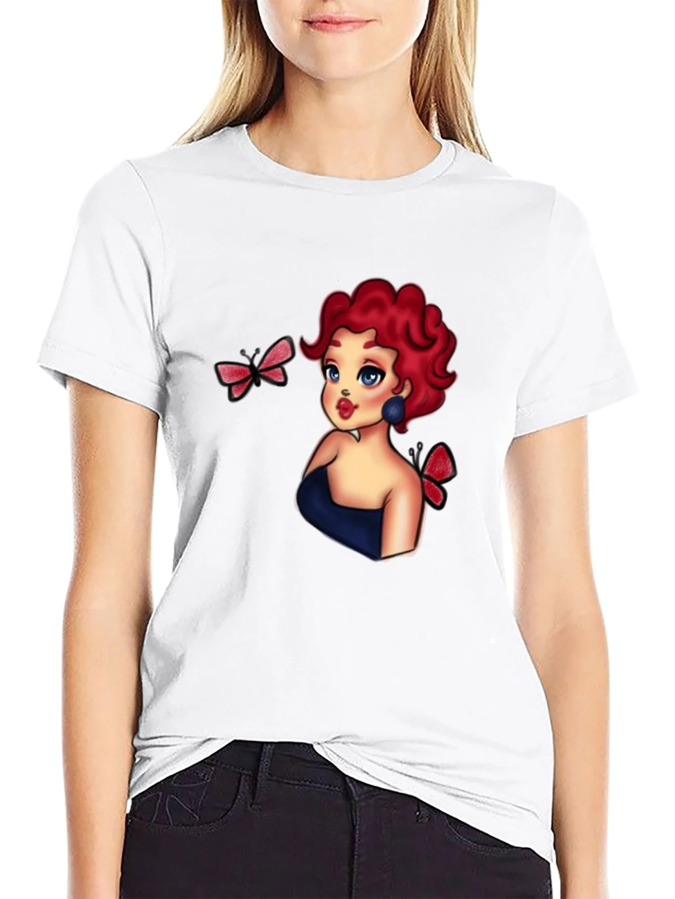 Rebbecca Cartoon Girl & Butterflies Black T-Shirt