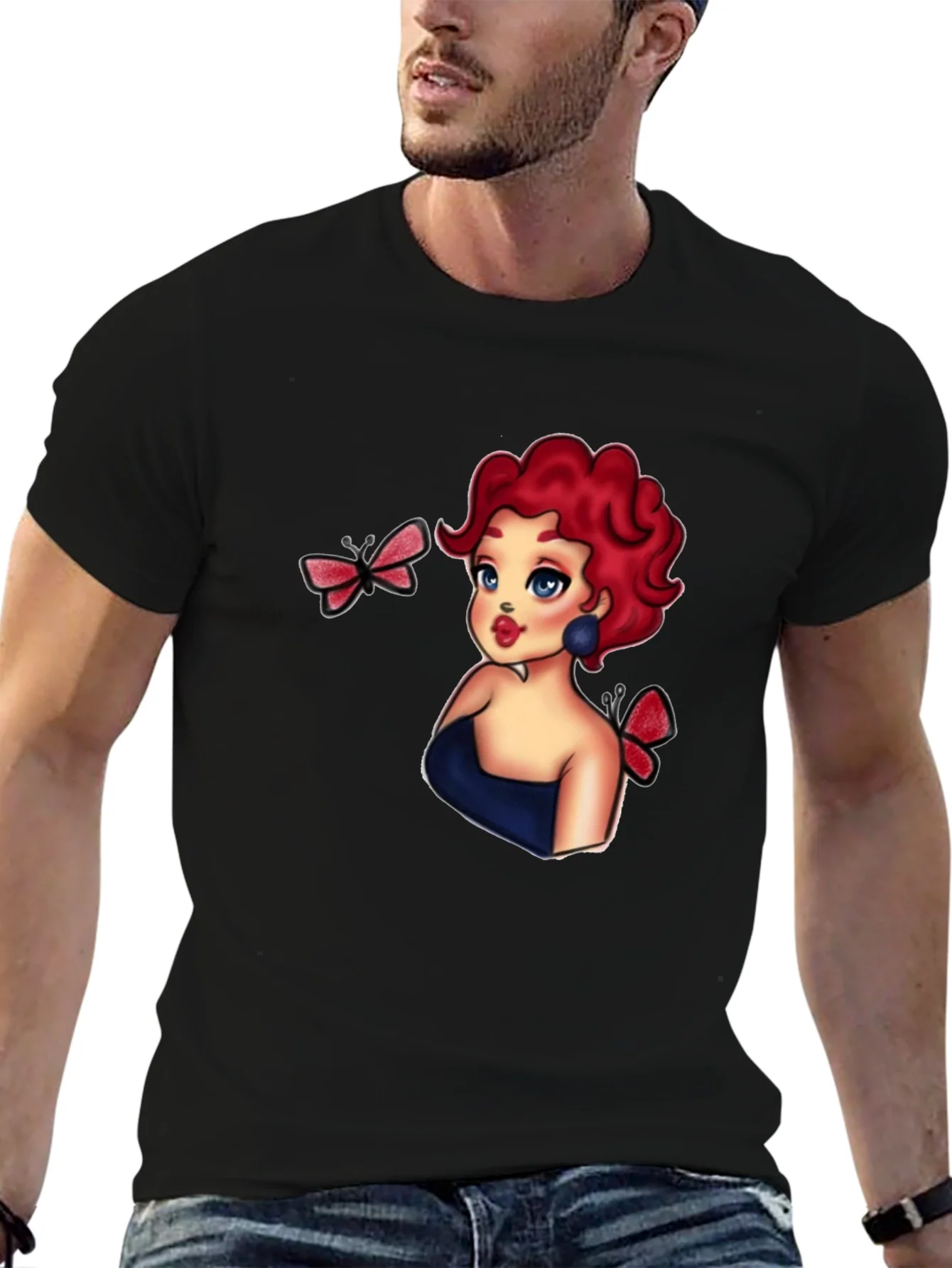 Rebbecca Cartoon Girl & Butterflies Black T-Shirt