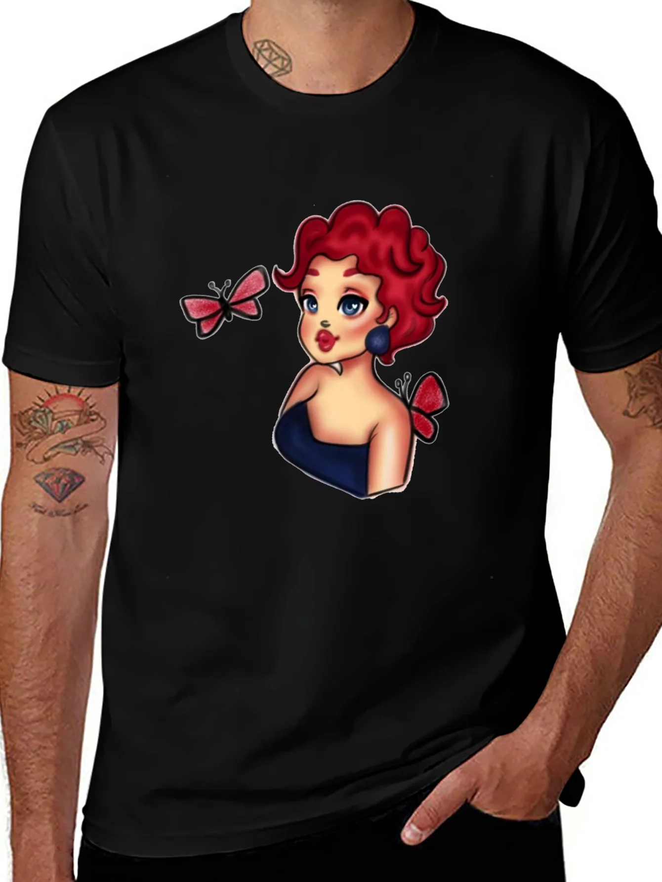 Rebbecca Cartoon Girl & Butterflies Black T-Shirt