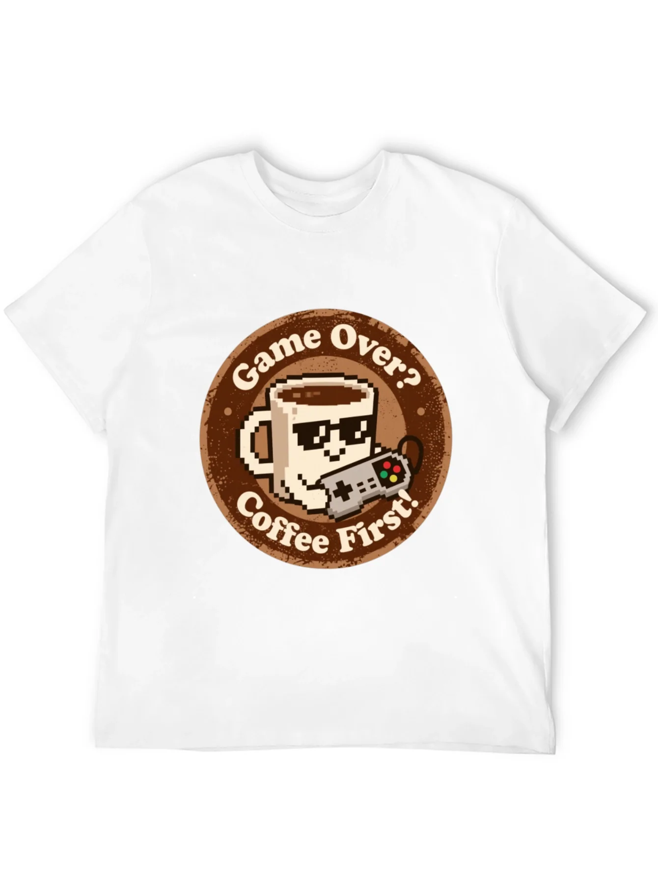 Camiseta Gamer: Game Over? Coffee First! Algod¨®n