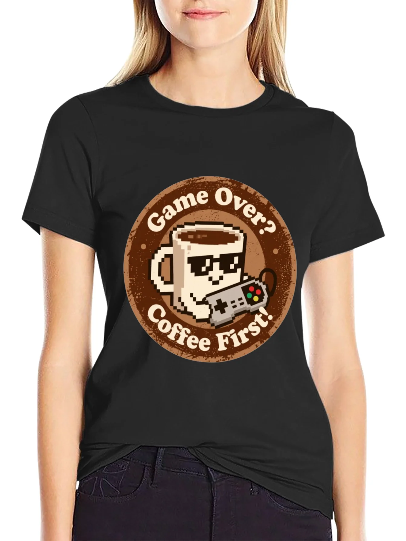 Camiseta Gamer: Game Over? Coffee First! Algod¨®n