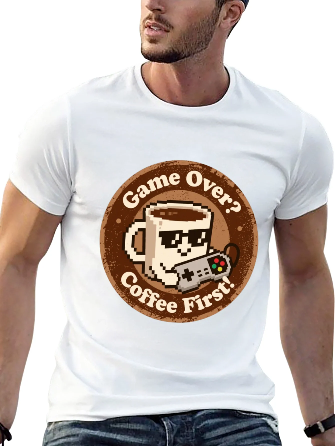 Camiseta Gamer: Game Over? Coffee First! Algod¨®n
