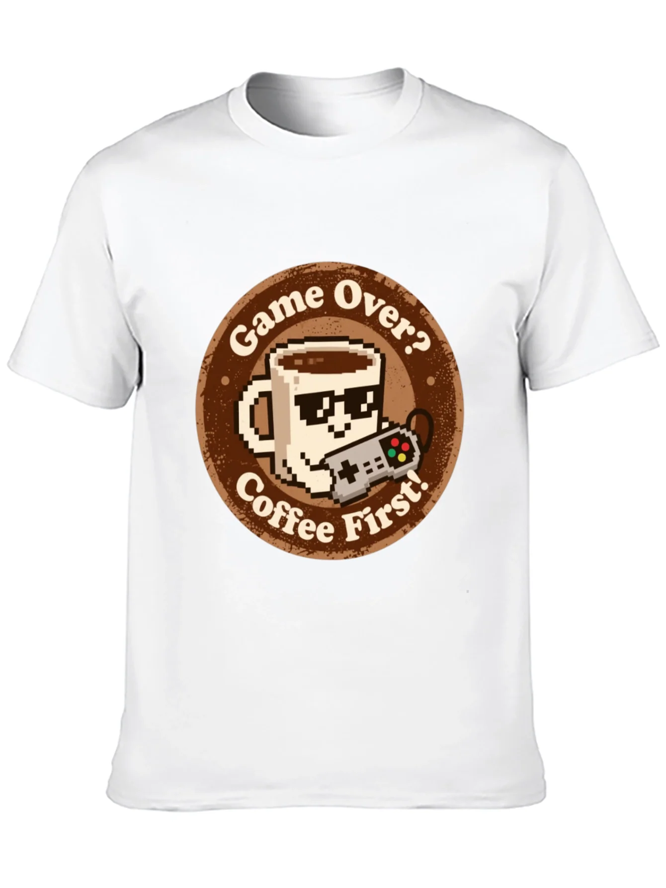 Camiseta Gamer: Game Over? Coffee First! Algod¨®n