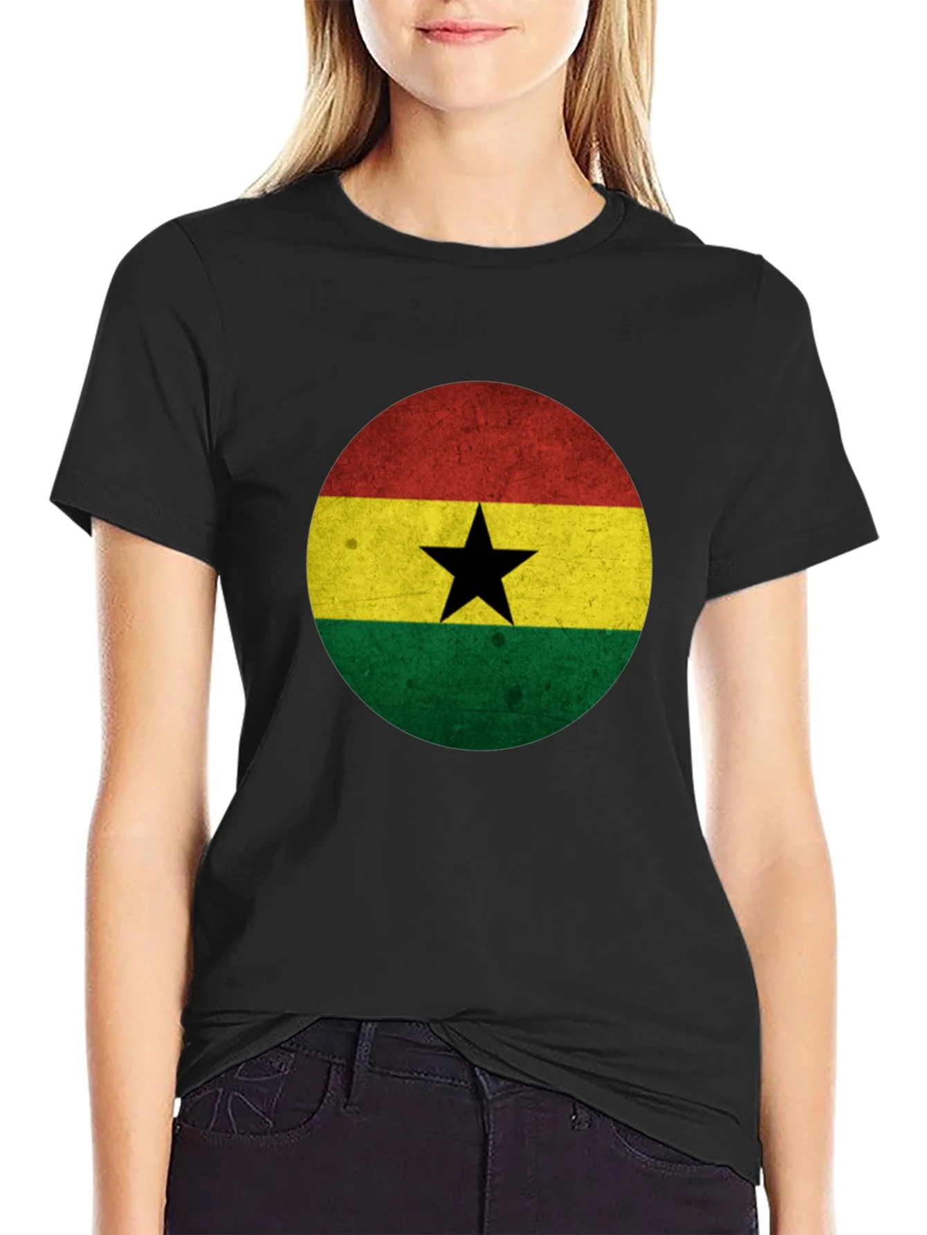 Camiseta Negra con Dise?o de la Bandera de Ghana