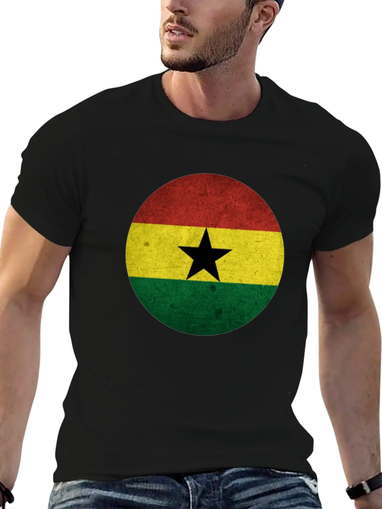 Camiseta Negra con Dise?o de la Bandera de Ghana