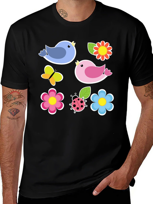 Rebbecca Cute Spring Bird & Floral Graphic Black T-Shirt