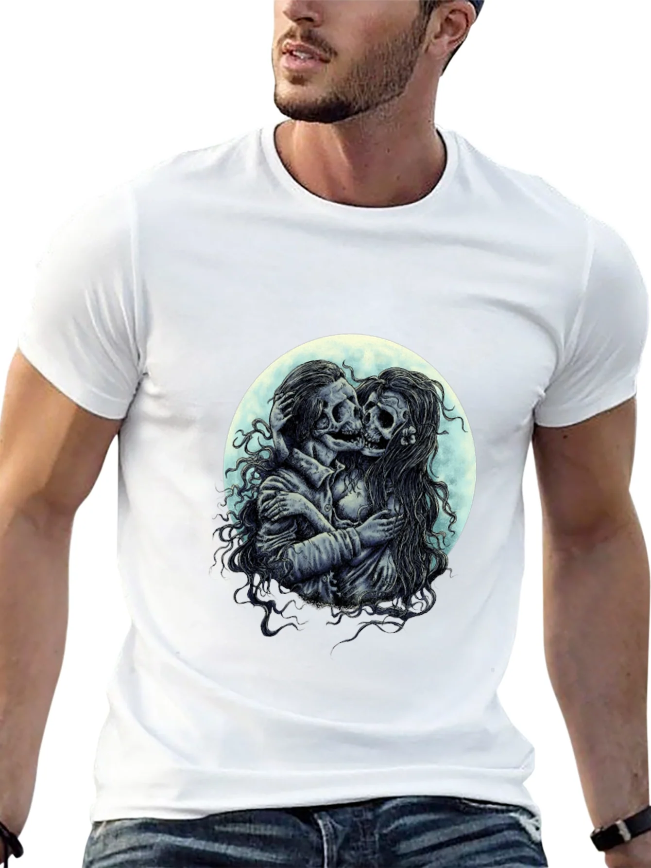 Camiseta Negra con Dise?o de Calaveras Enamoradas
