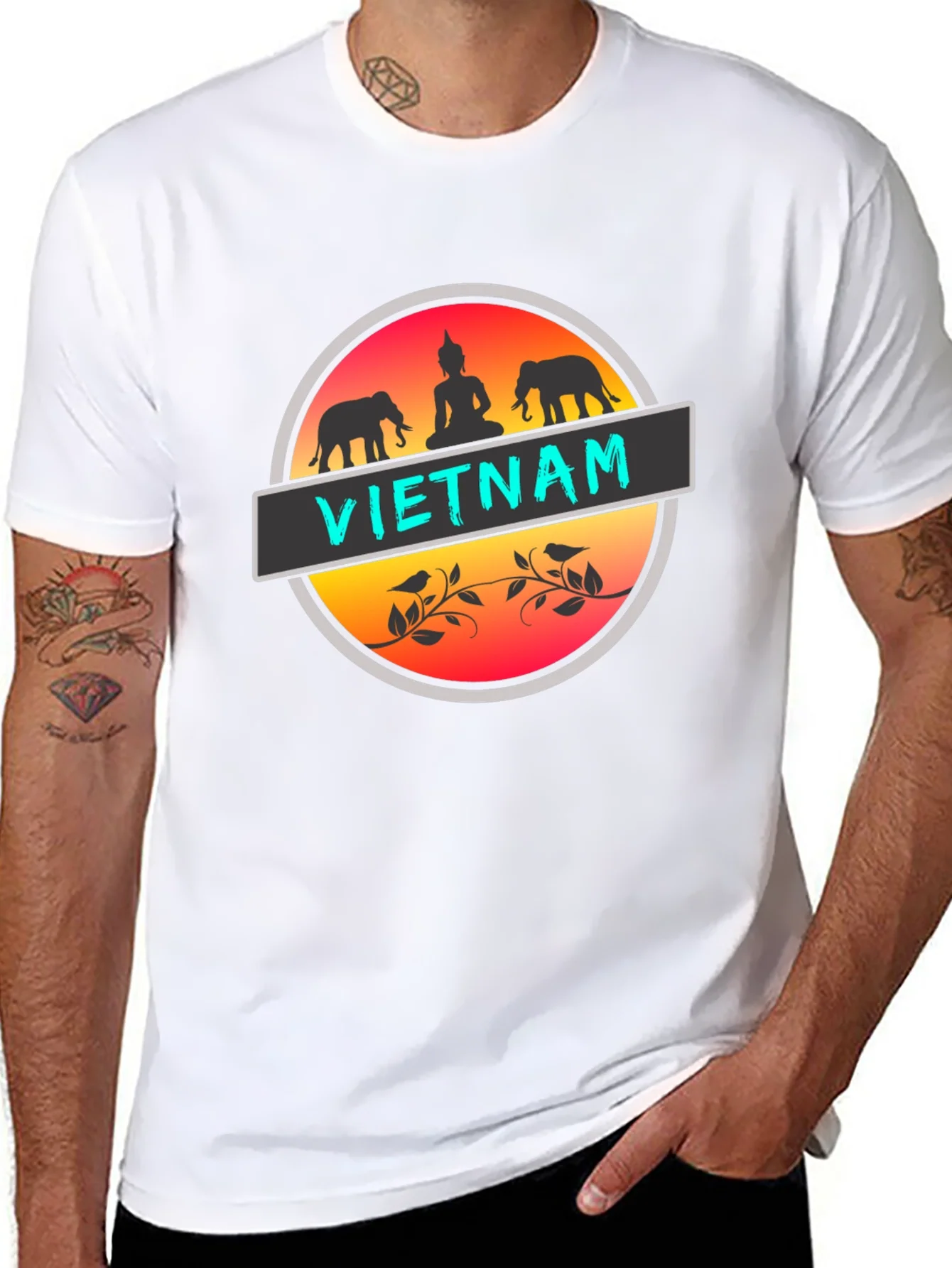 Camiseta Negra Vietnam Buda Elefantes