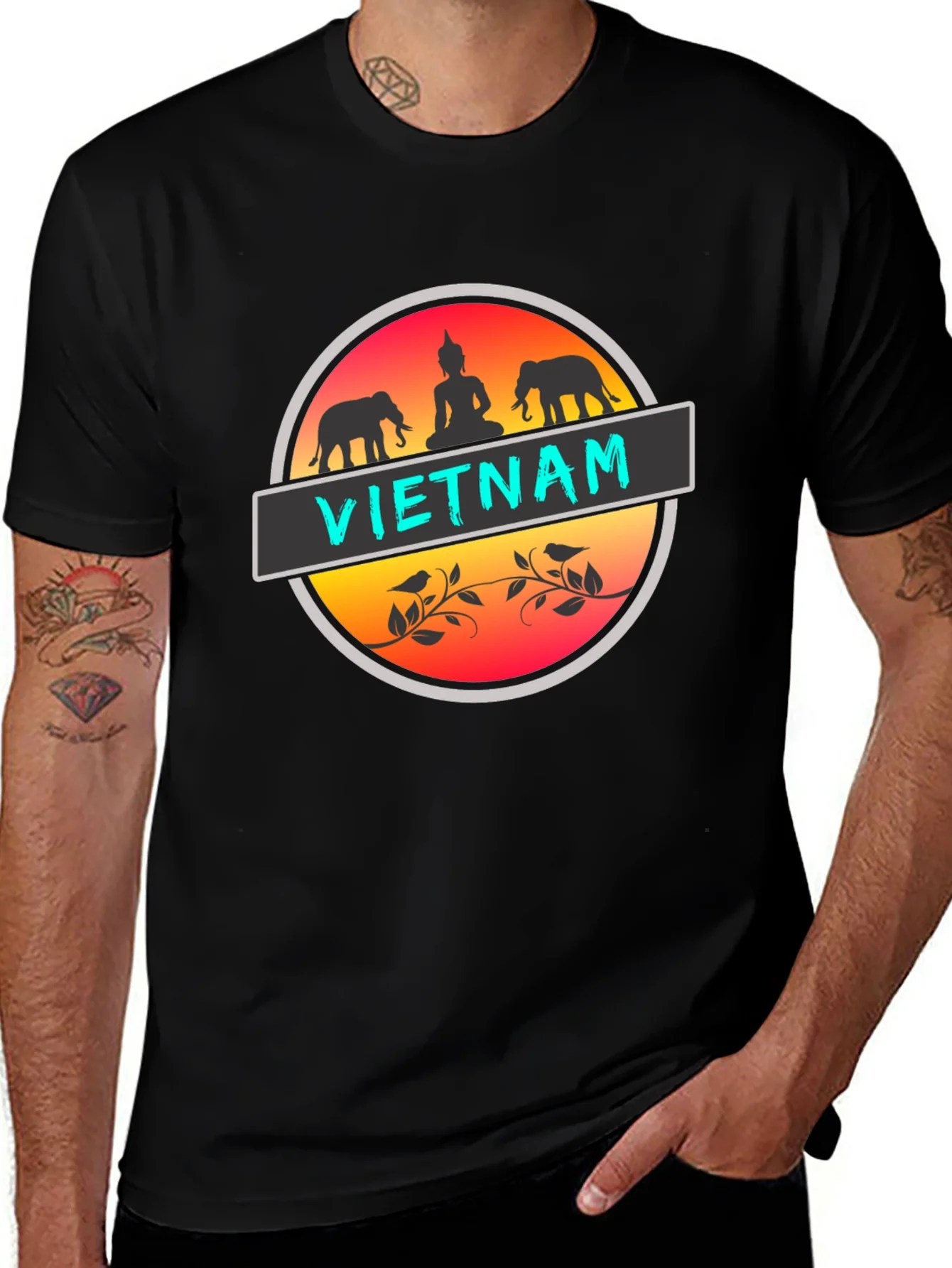Camiseta Negra Vietnam Buda Elefantes