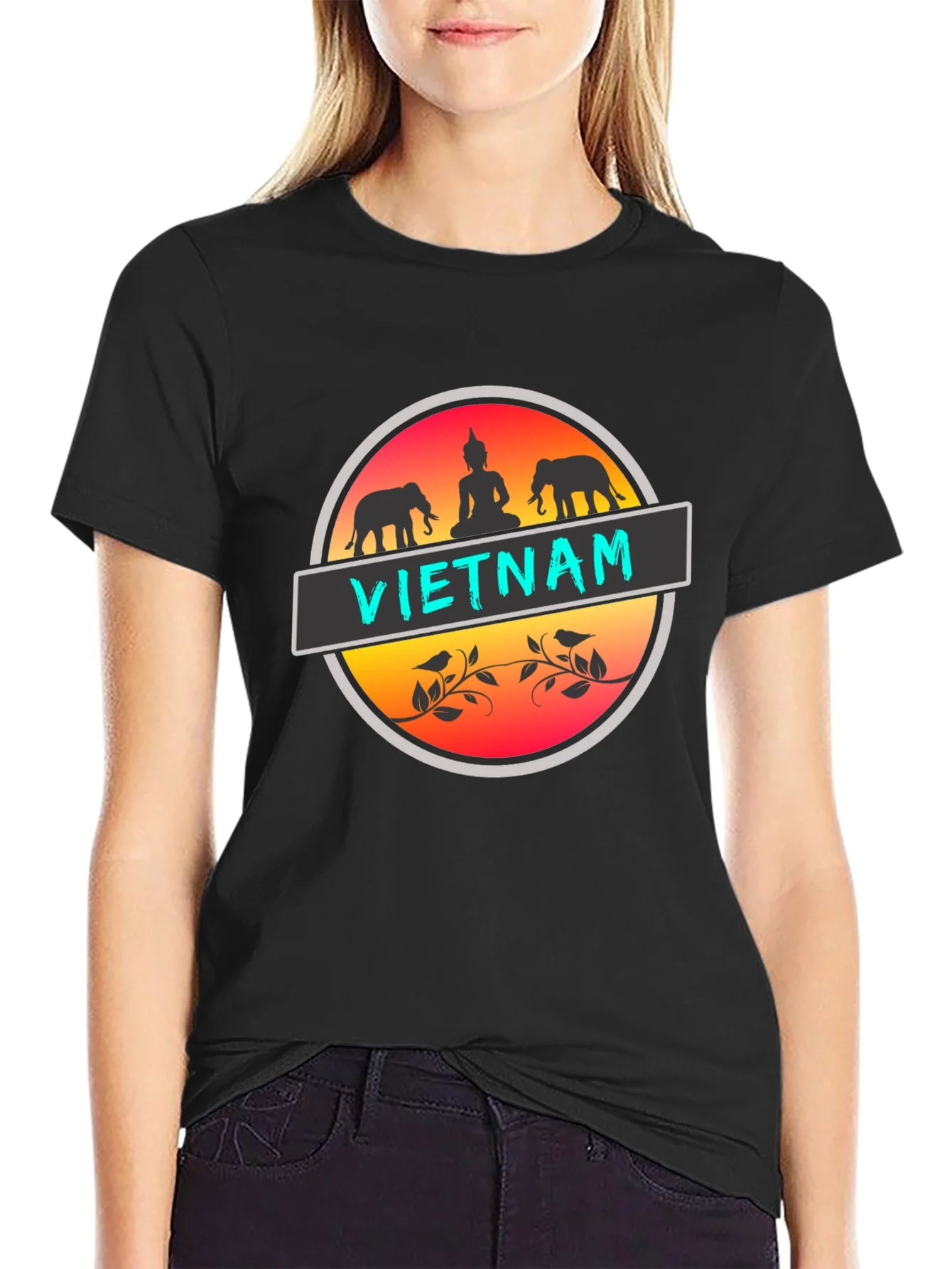 Camiseta Negra Vietnam Buda Elefantes