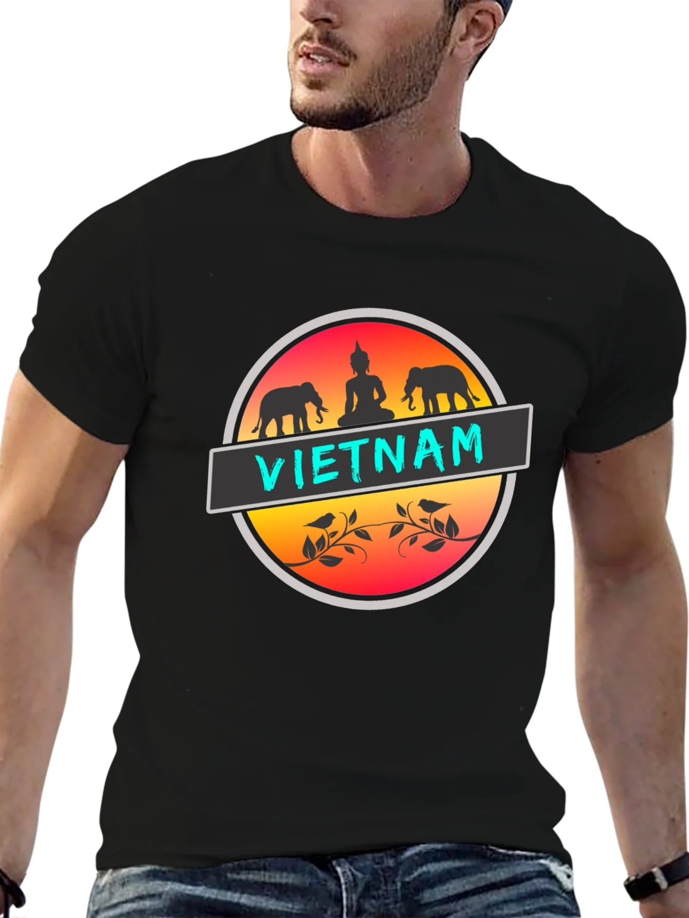 Camiseta Negra Vietnam Buda Elefantes