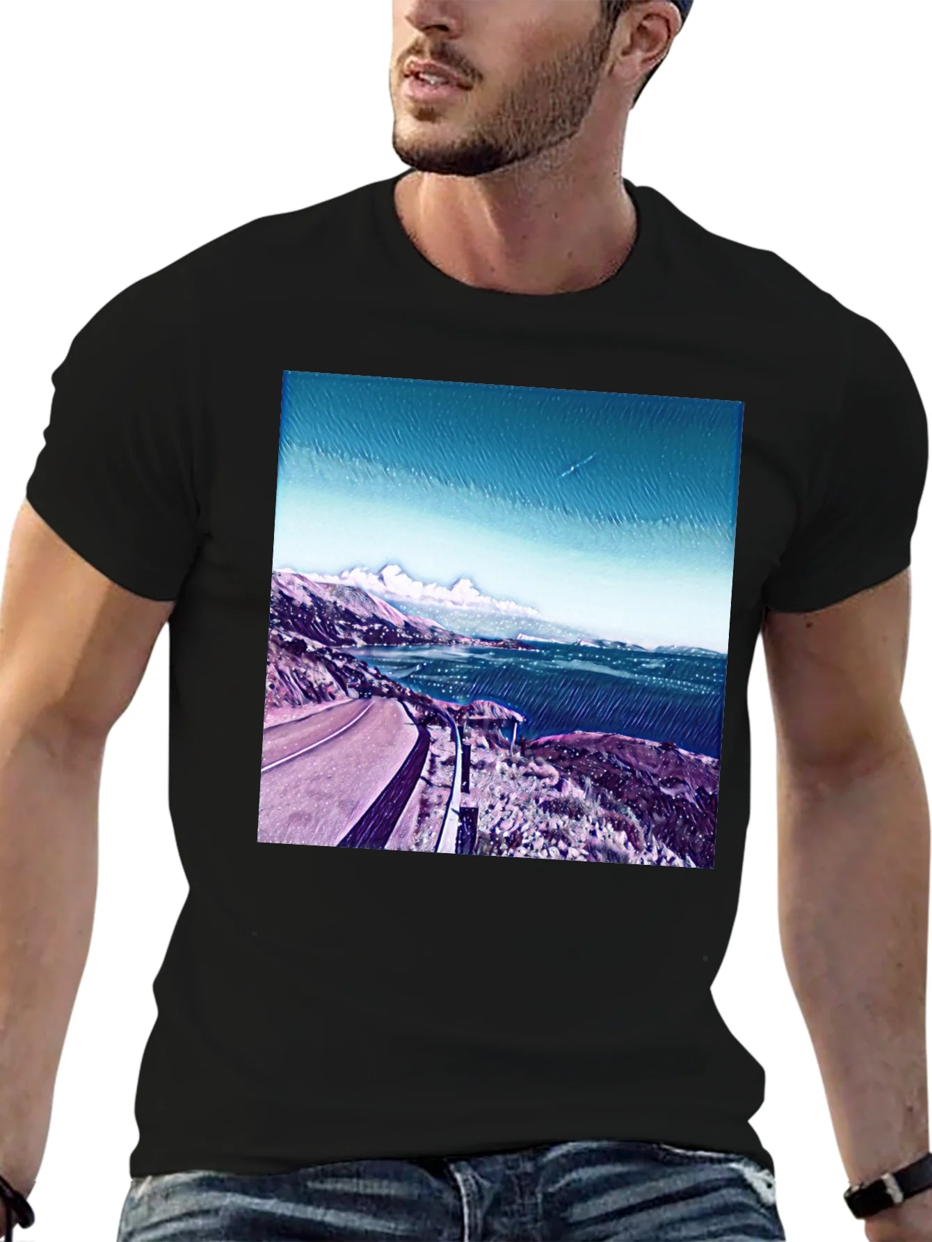 Camiseta Negra Estampada con Paisaje Costero