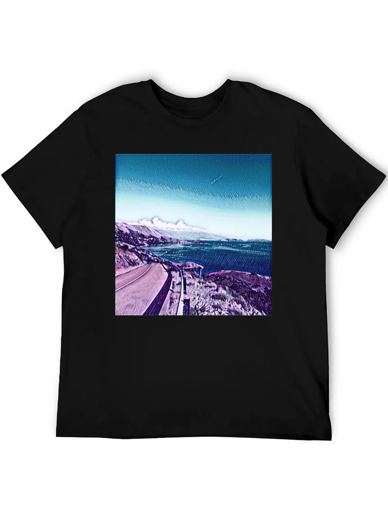 Camiseta Negra Estampada con Paisaje Costero