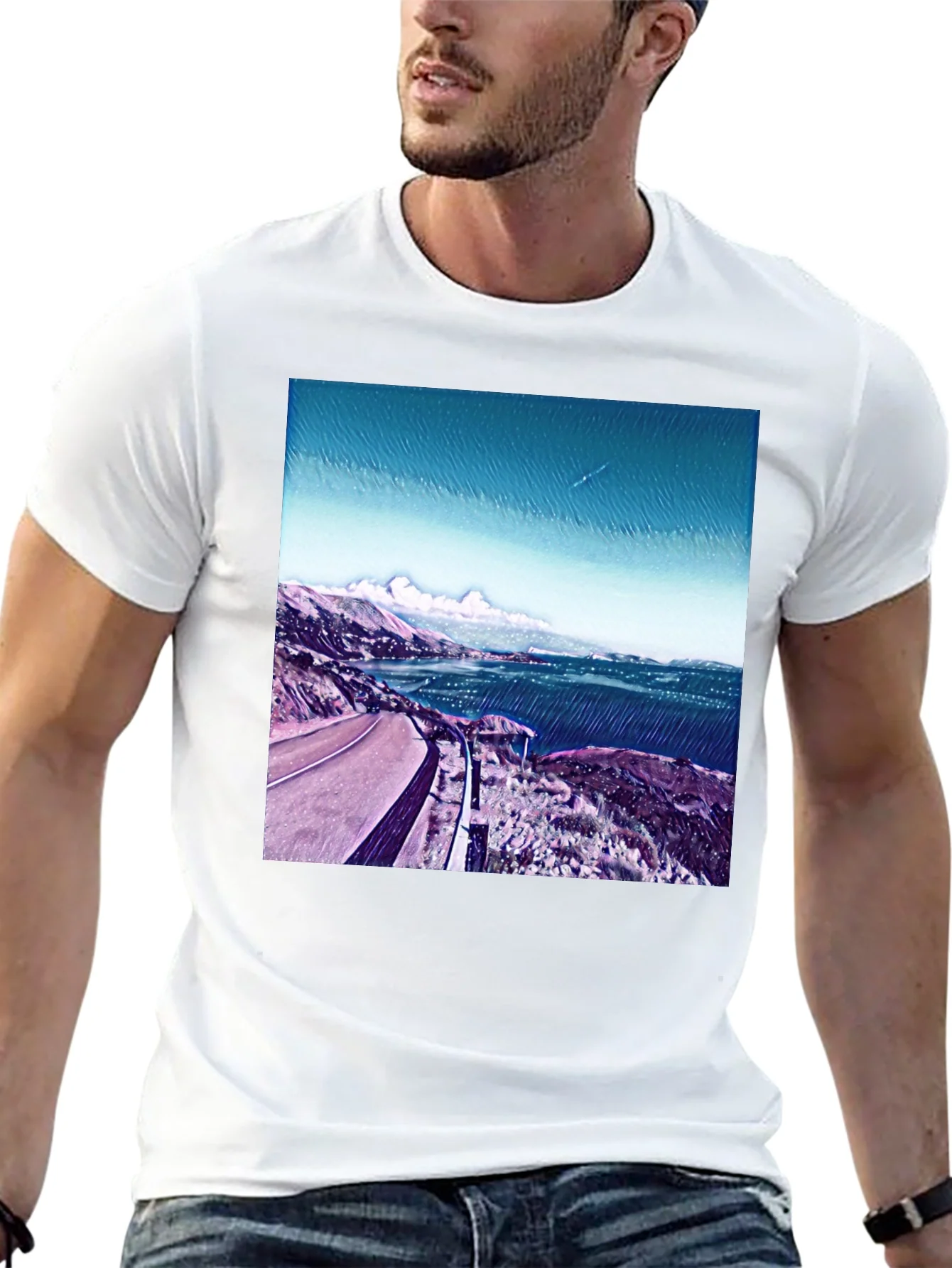 Camiseta Negra Estampada con Paisaje Costero