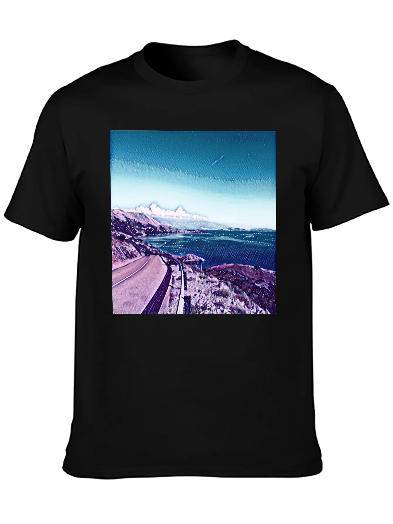 Camiseta Negra Estampada con Paisaje Costero