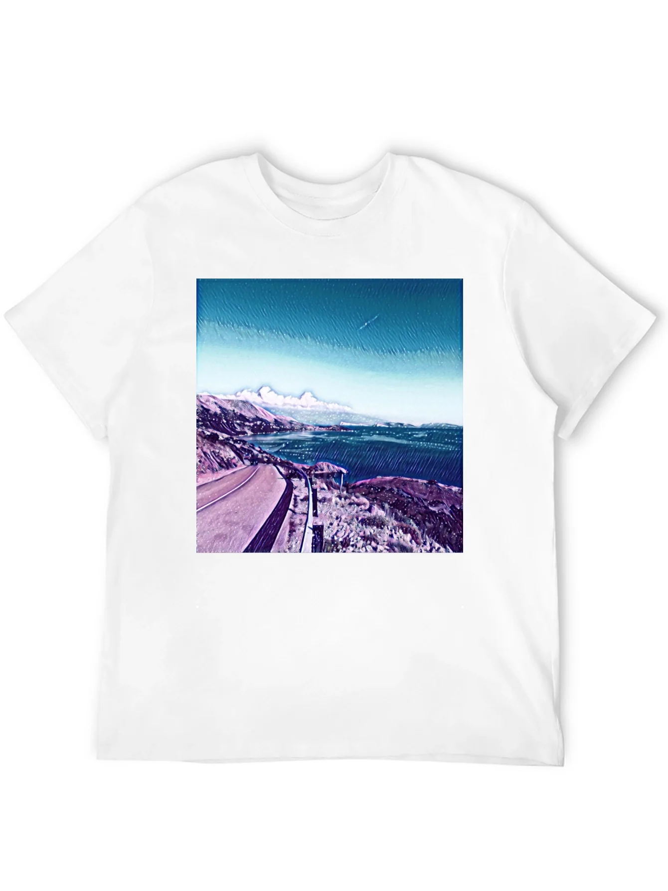 Camiseta Negra Estampada con Paisaje Costero