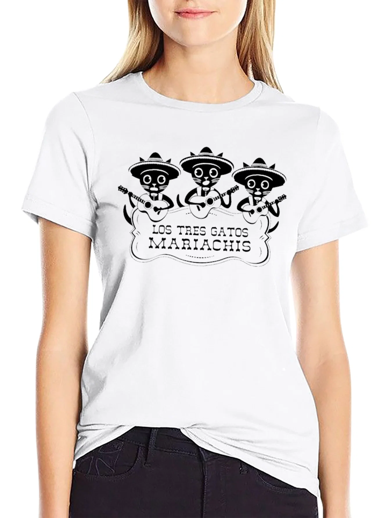 Rebbecca Los Tres Gatos Mariachis Black Graphic Tee