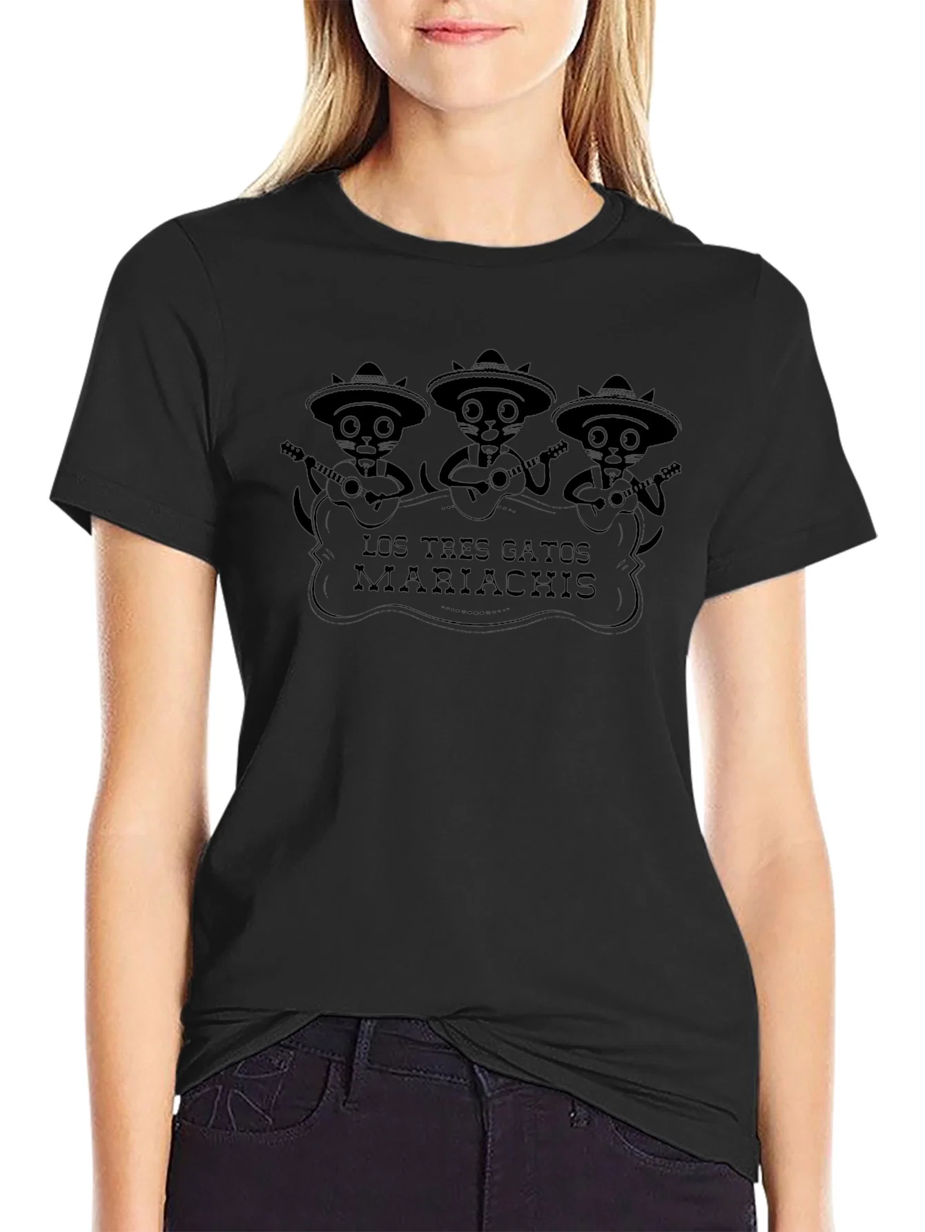 Rebbecca Los Tres Gatos Mariachis Black Graphic Tee