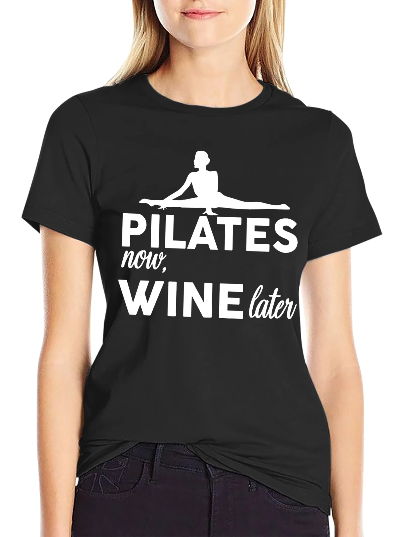 Camiseta Negra Pilates Now Wine Later