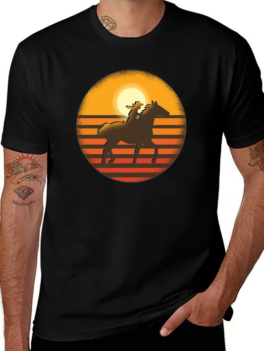 Camiseta Negra Vintage Vaquero al Atardecer