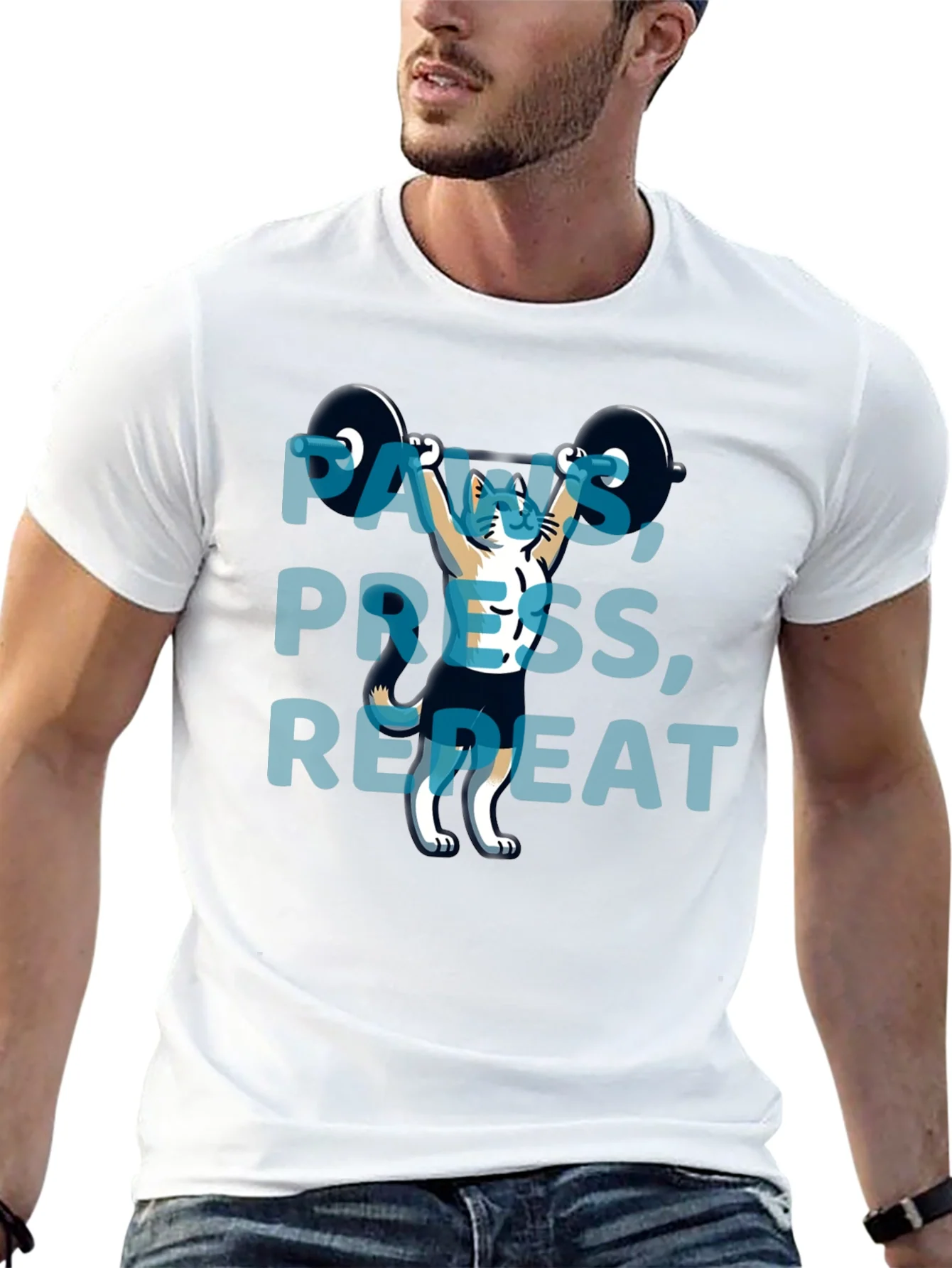 Rebbecca Paws Press Repeat Weightlifting Cat Graphic T-Shirt