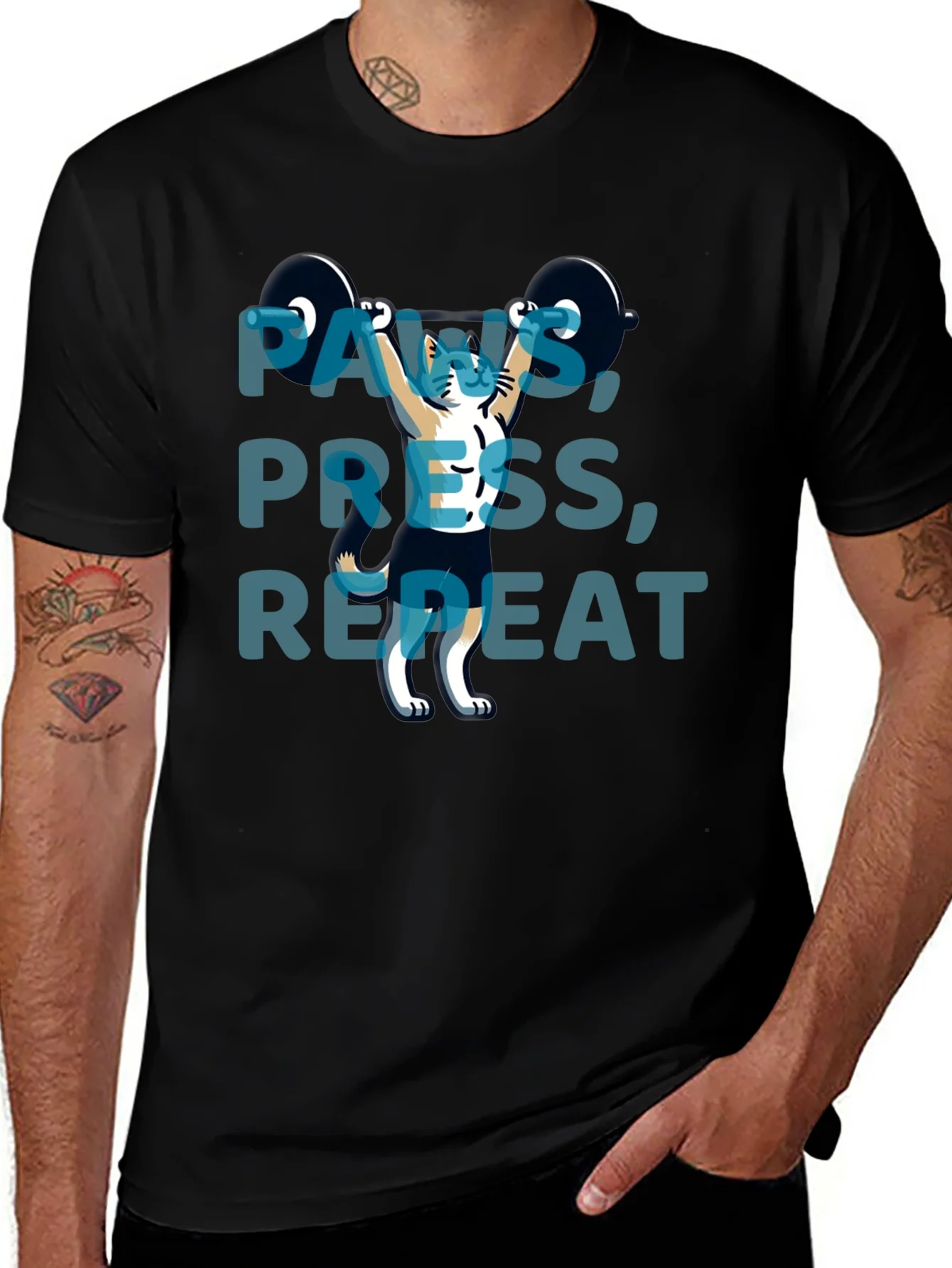 Rebbecca Paws Press Repeat Weightlifting Cat Graphic T-Shirt