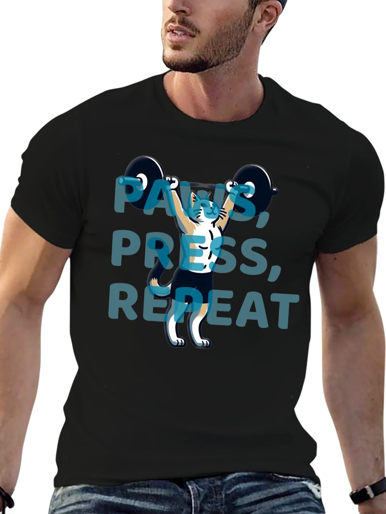 Rebbecca Paws Press Repeat Weightlifting Cat Graphic T-Shirt