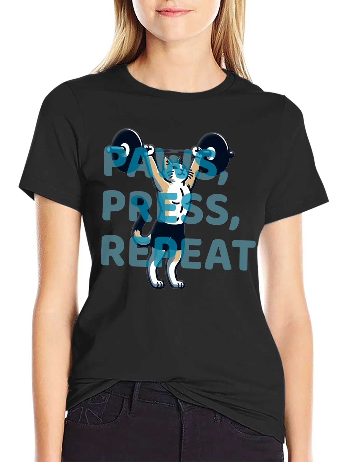 Rebbecca Paws Press Repeat Weightlifting Cat Graphic T-Shirt