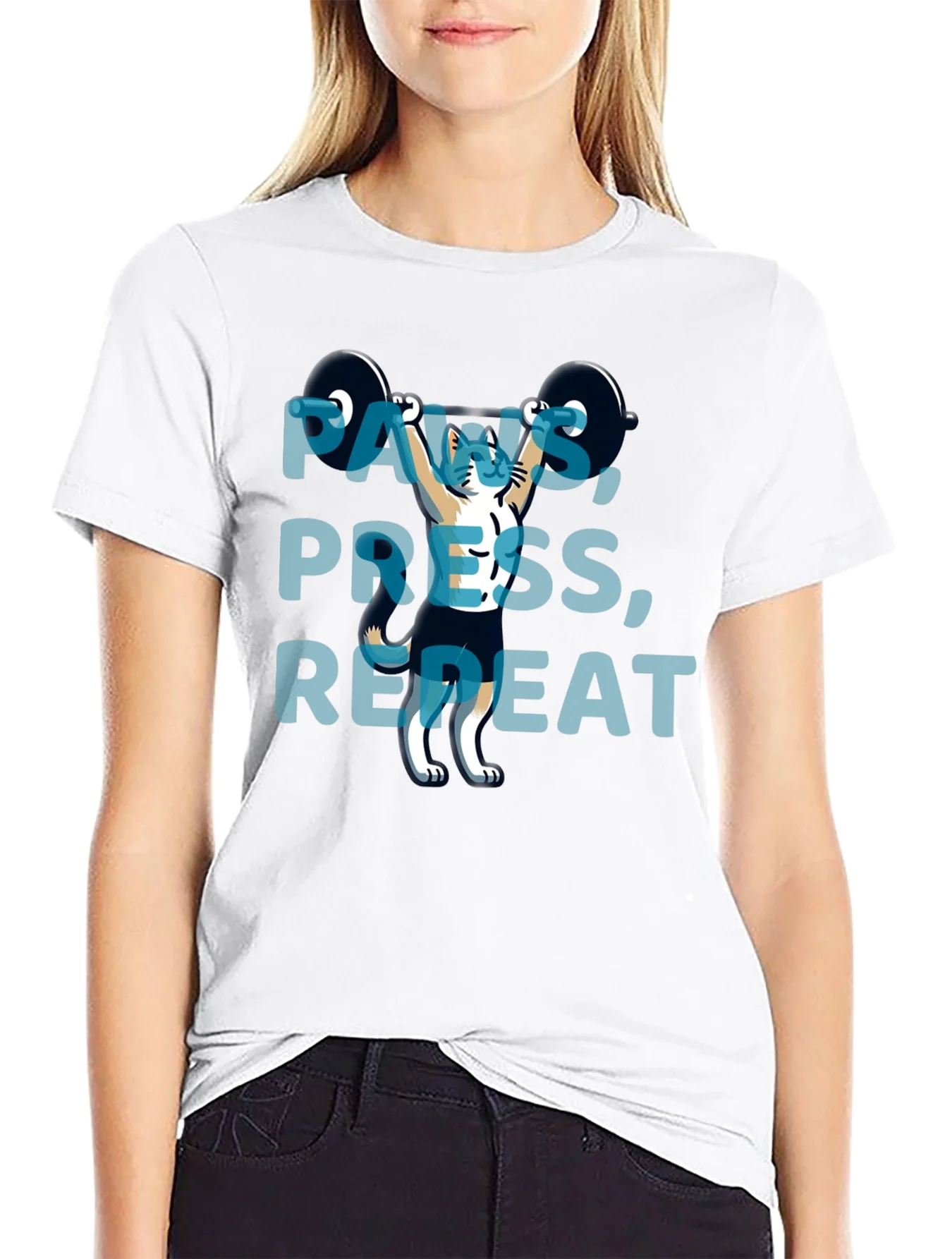 Rebbecca Paws Press Repeat Weightlifting Cat Graphic T-Shirt