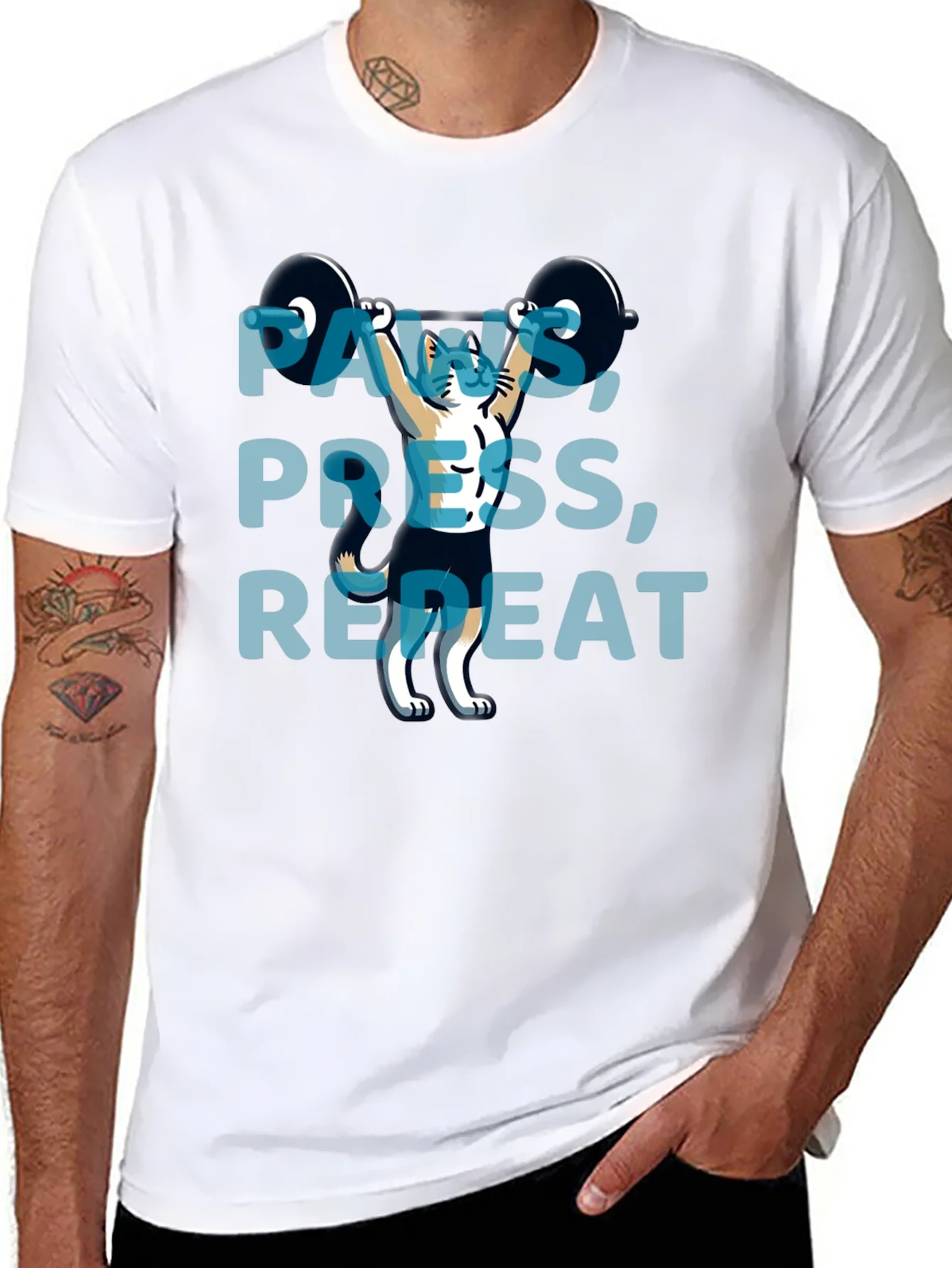 Rebbecca Paws Press Repeat Weightlifting Cat Graphic T-Shirt