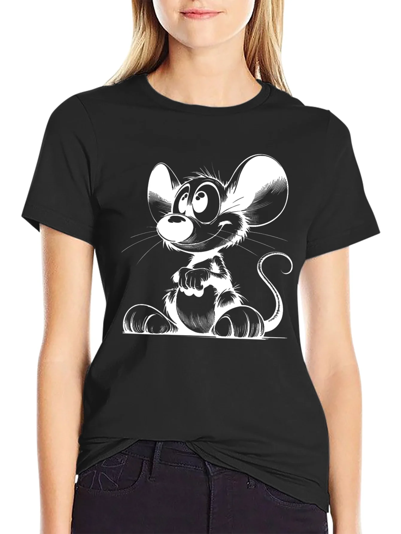 Rebbecca Cartoon Mouse Graphic Black T-Shirt