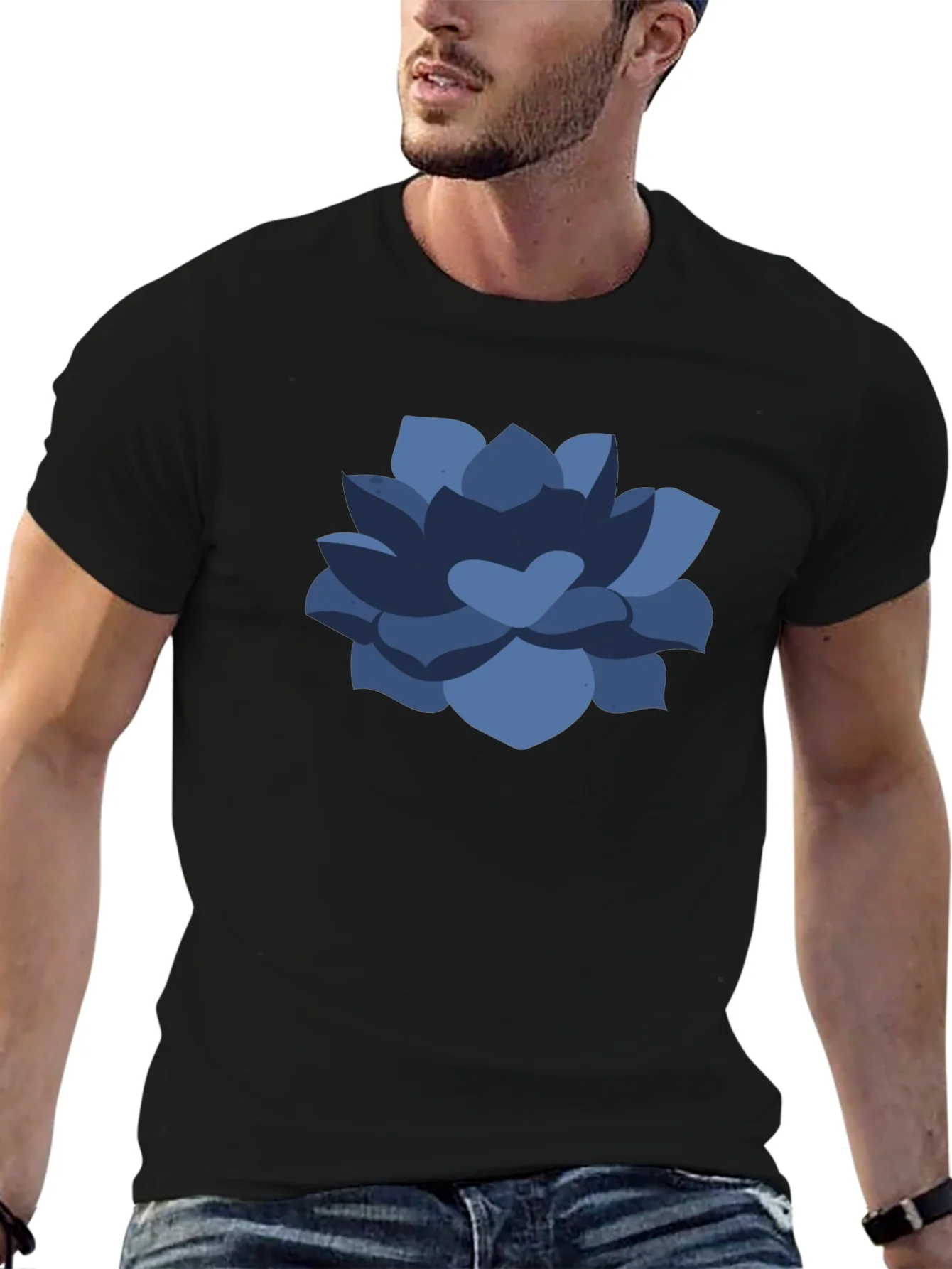 Camiseta Negra con Dise?o Floral Azul