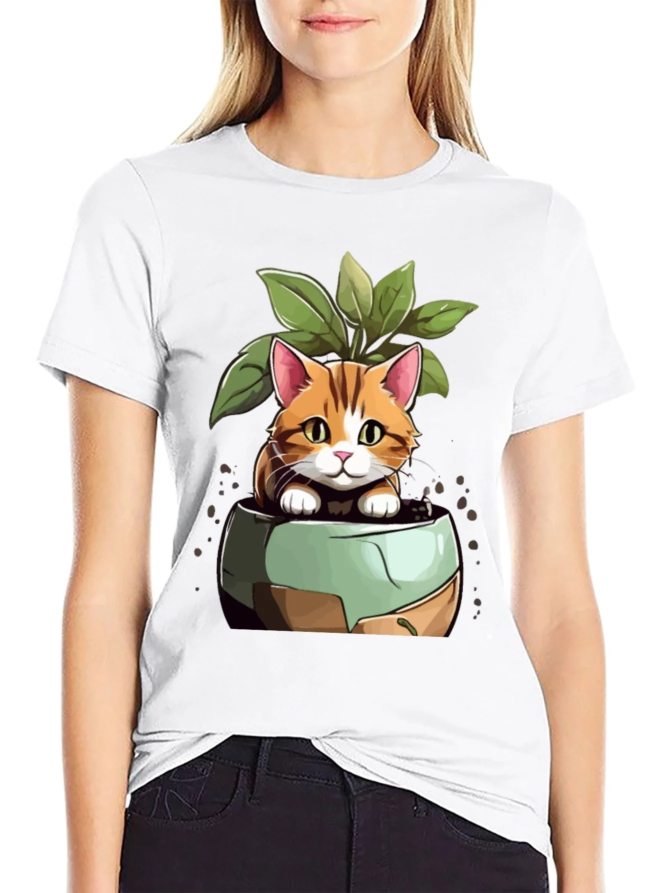 Rebbecca Cat in Pot Plant T-Shirt - Unique Design