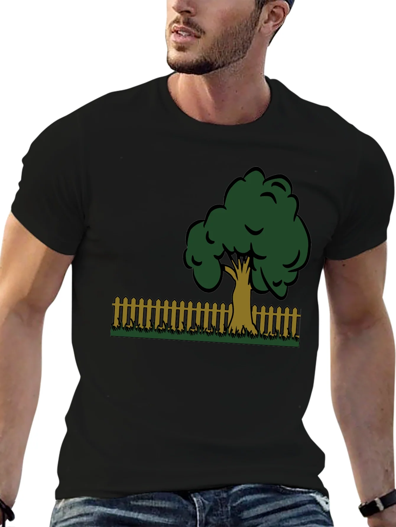 Camiseta Negra con Dise?o de ¨¢rbol y Valla