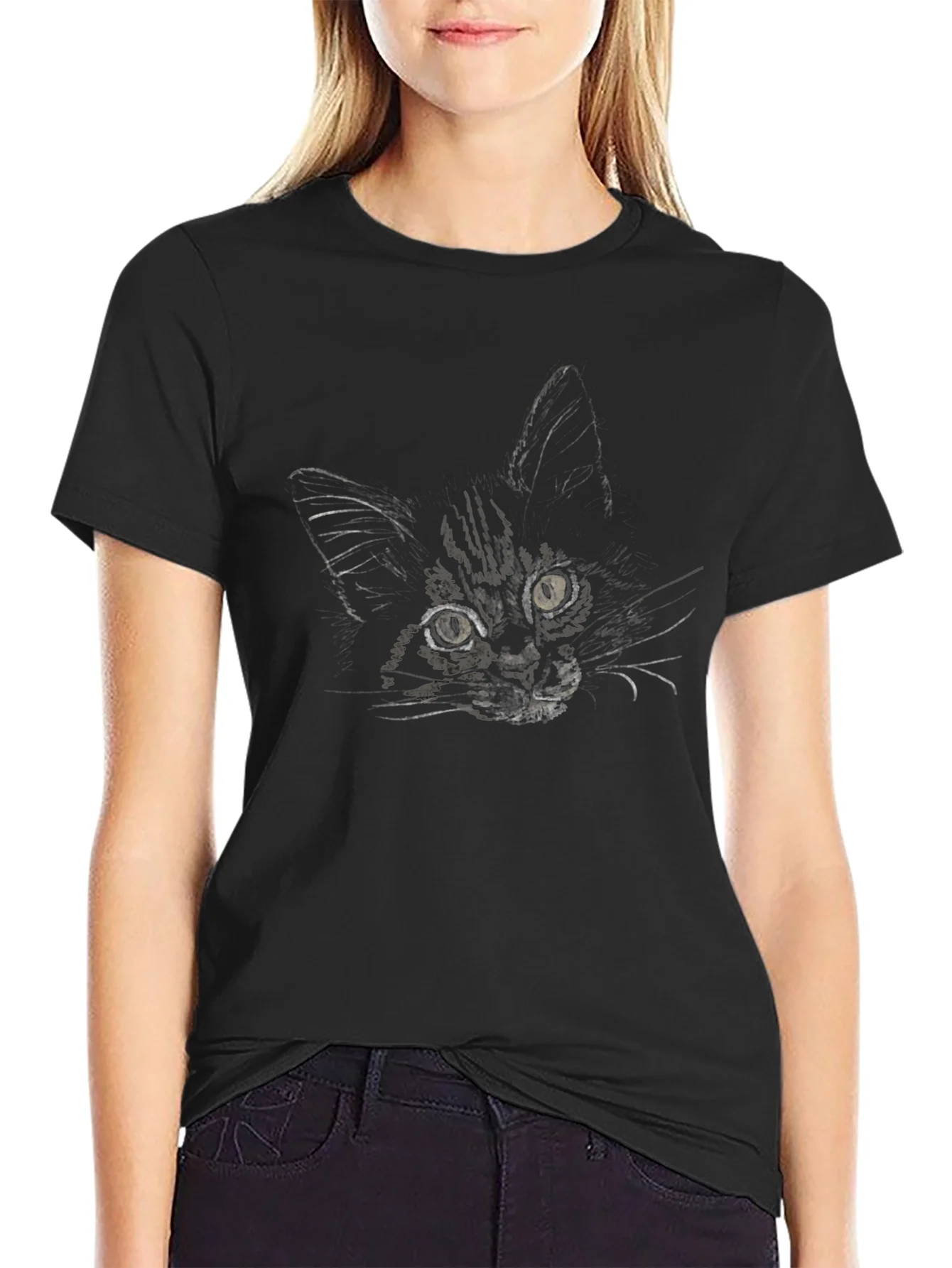 Camiseta Negra con Dise?o de Gato Abstracto