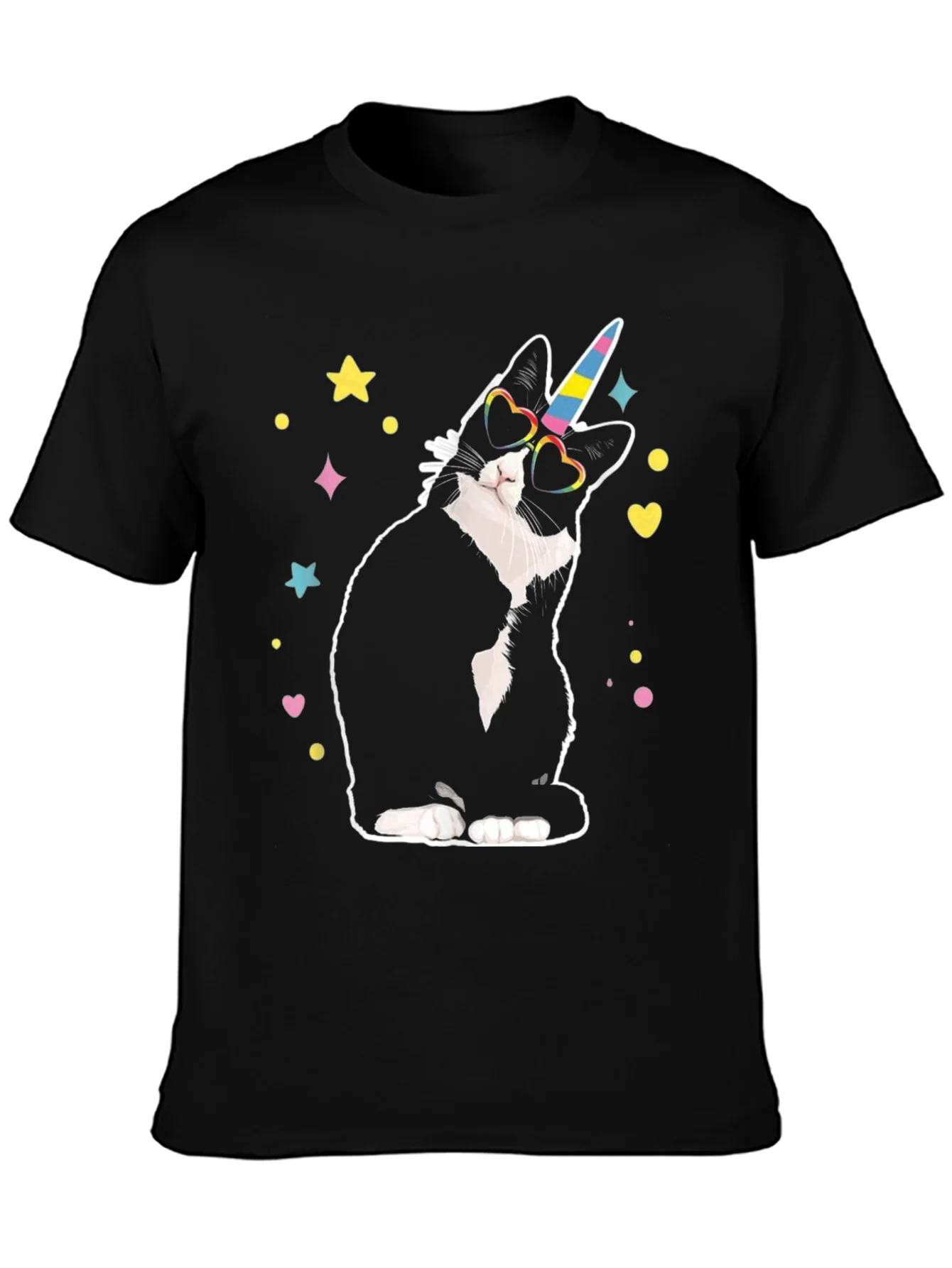 Camiseta Negra Gato Unicornio Divertido