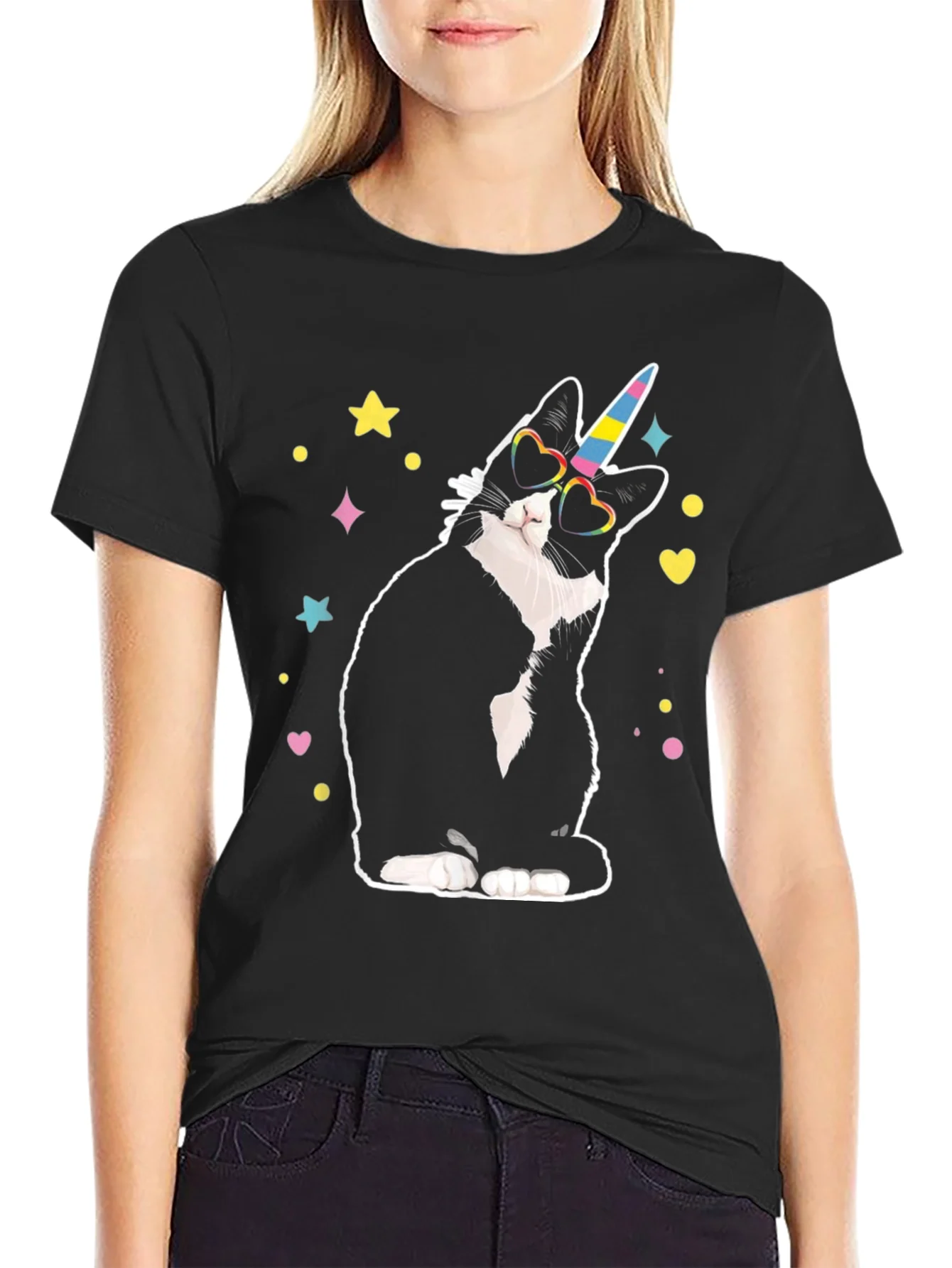 Camiseta Negra Gato Unicornio Divertido