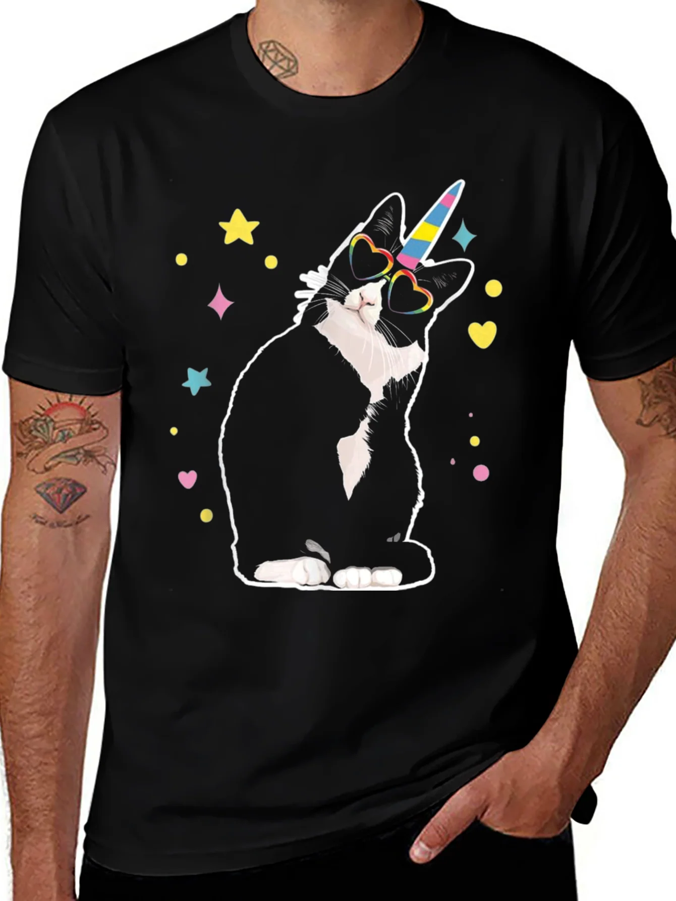 Camiseta Negra Gato Unicornio Divertido