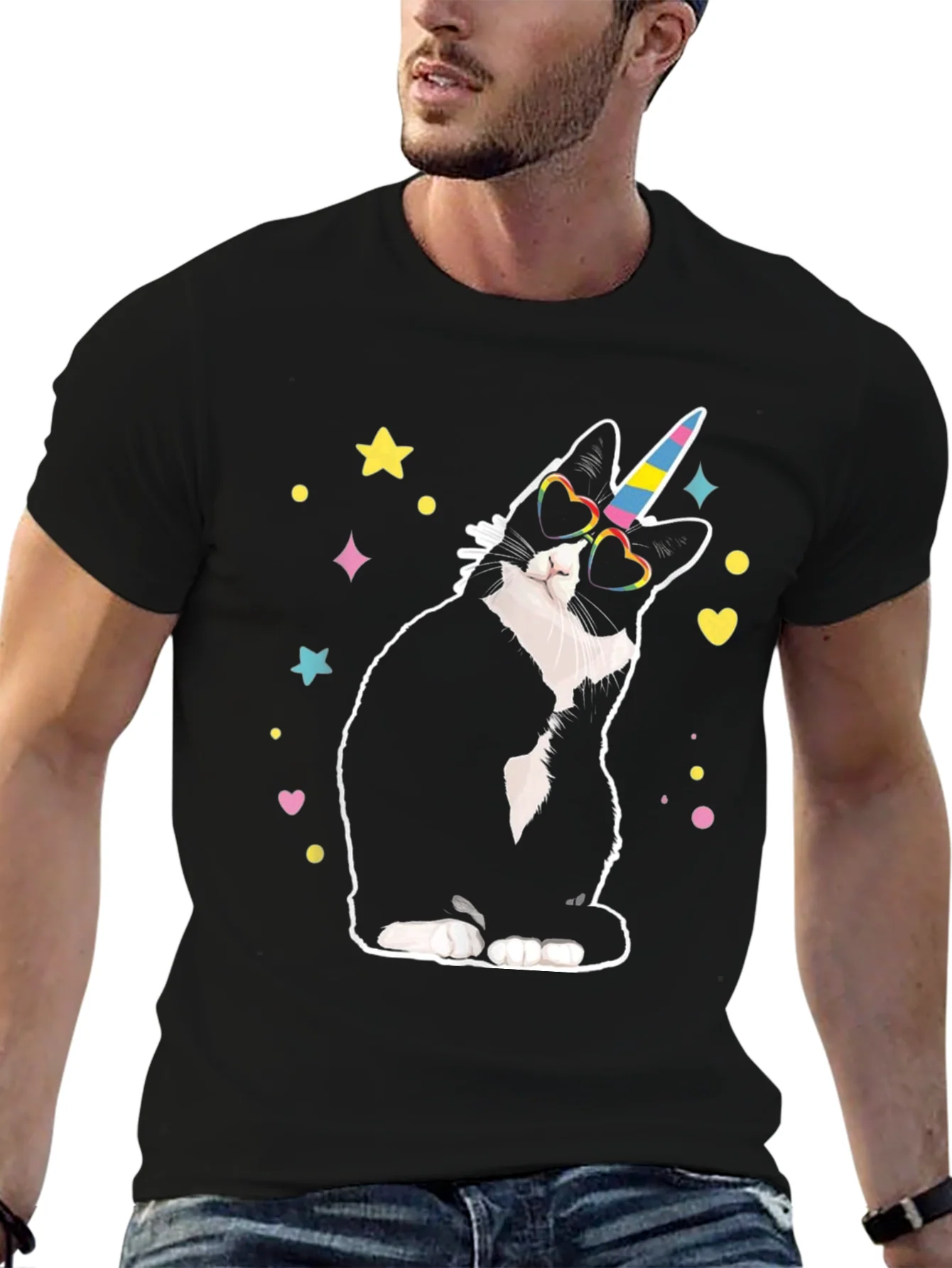 Camiseta Negra Gato Unicornio Divertido
