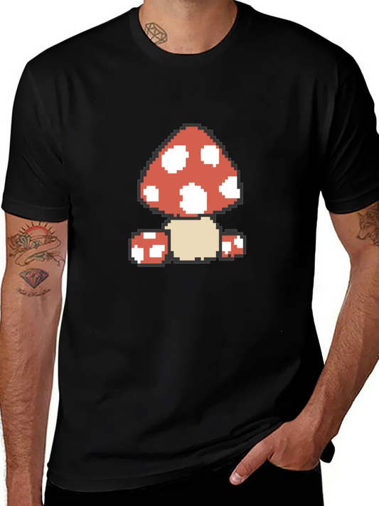 Rebbecca Pixel Mushroom Graphic Tee - Black Cotton Casual Shirt