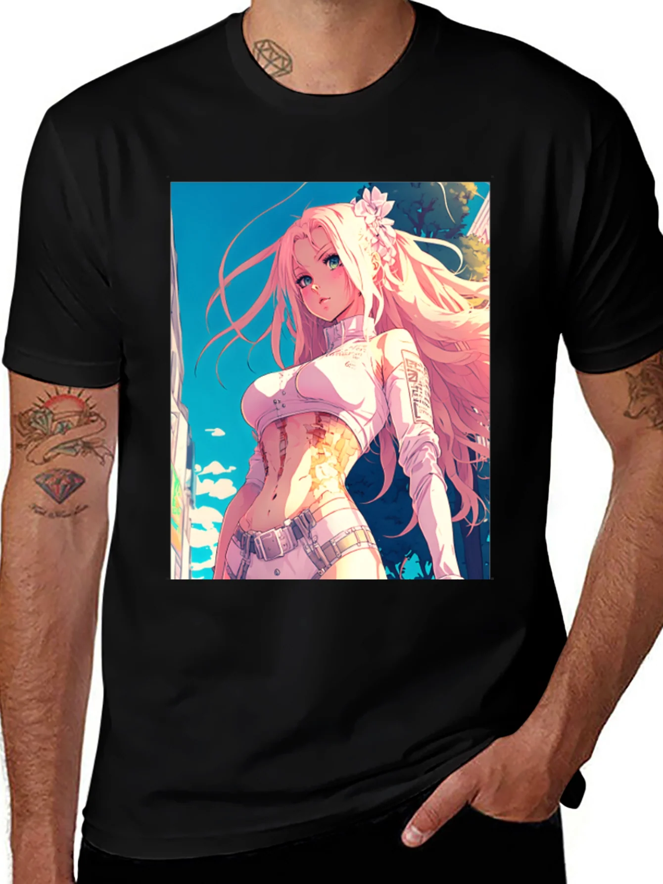 Camiseta Negra con Dise?o Anime de Chica