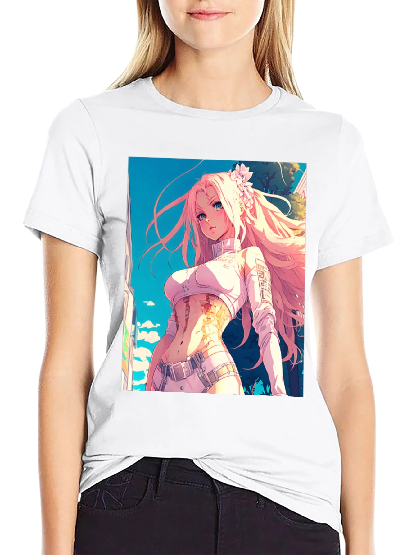 Camiseta Negra con Dise?o Anime de Chica