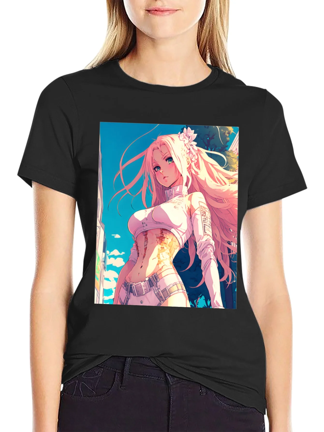 Camiseta Negra con Dise?o Anime de Chica