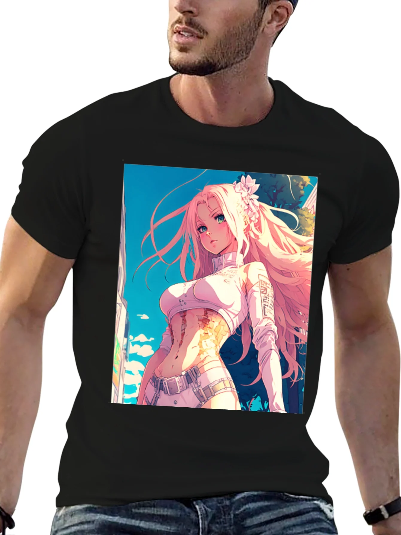 Camiseta Negra con Dise?o Anime de Chica