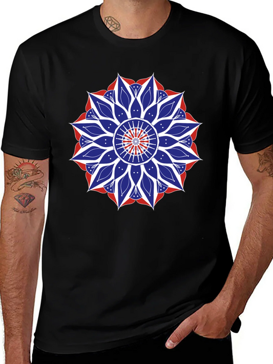 Rebbecca Mens Black T-Shirt with Red White and Blue Mandala