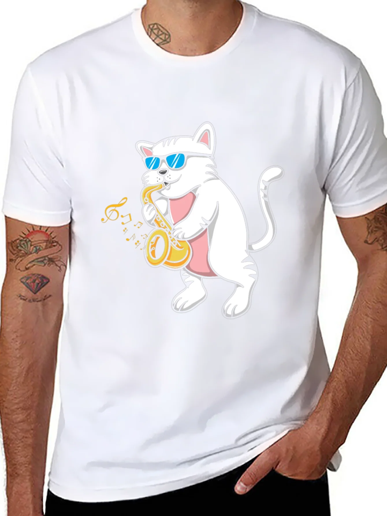 Camiseta Negra Gato M¨²sico Saxof¨®n